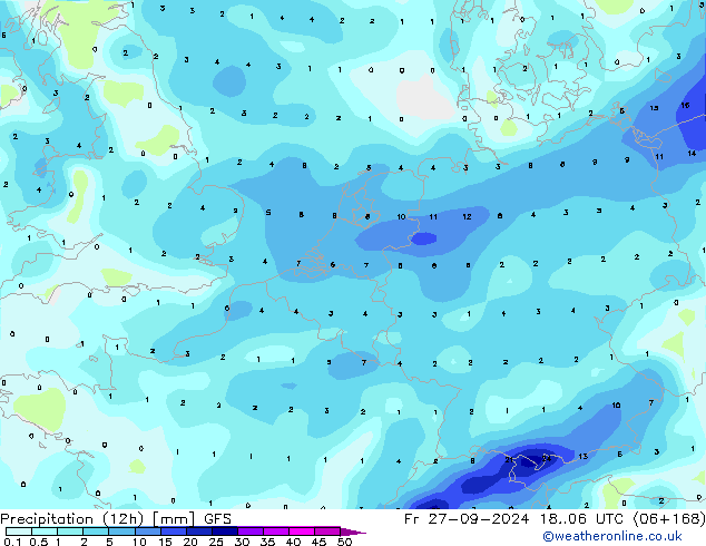 Totale neerslag (12h) GFS vr 27.09.2024 06 UTC