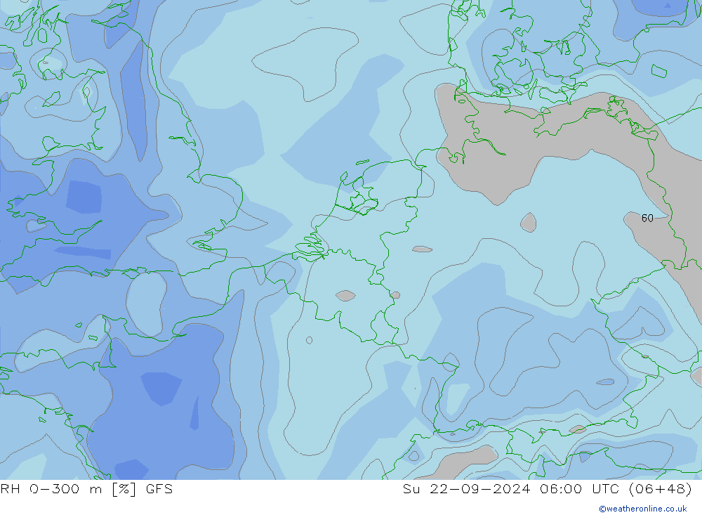 RH 0-300 m GFS Ne 22.09.2024 06 UTC