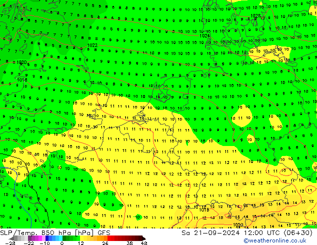 SLP/Temp. 850 hPa GFS Sa 21.09.2024 12 UTC