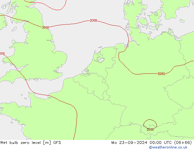 Wet bulb zero level GFS pon. 23.09.2024 00 UTC