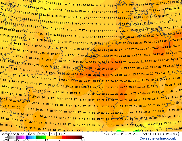 Temperature High (2m) GFS Su 22.09.2024 15 UTC