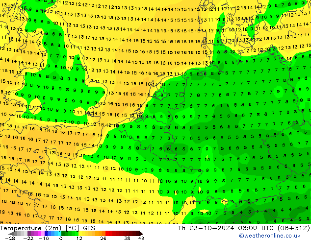 Temperatuurkaart (2m) GFS do 03.10.2024 06 UTC