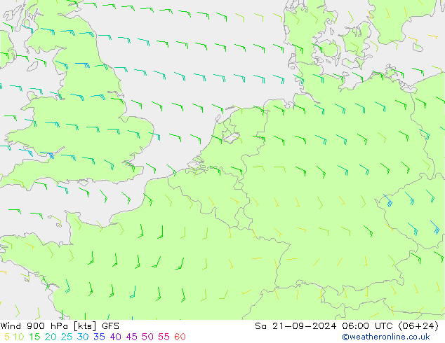 风 900 hPa GFS 星期六 21.09.2024 06 UTC