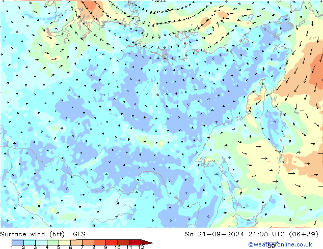 Surface wind (bft) GFS So 21.09.2024 21 UTC