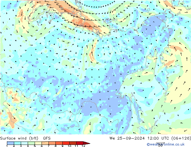 Vento 10 m (bft) GFS mer 25.09.2024 12 UTC