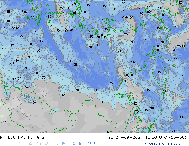 RH 850 hPa GFS Sáb 21.09.2024 18 UTC