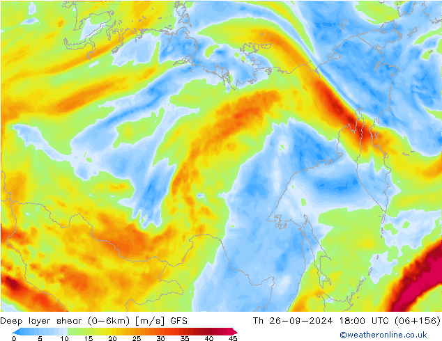 Deep layer shear (0-6km) GFS Th 26.09.2024 18 UTC