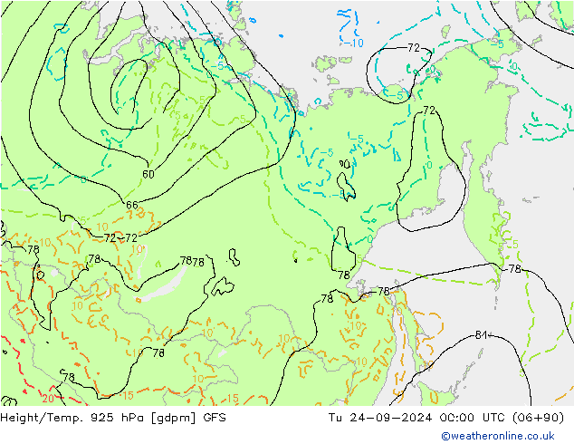 Yükseklik/Sıc. 925 hPa GFS Sa 24.09.2024 00 UTC