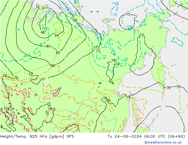 Height/Temp. 925 hPa GFS wto. 24.09.2024 06 UTC