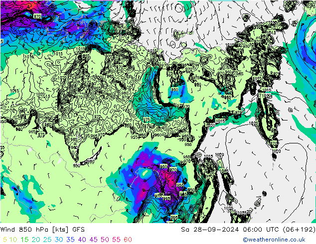 Rüzgar 850 hPa GFS Cts 28.09.2024 06 UTC