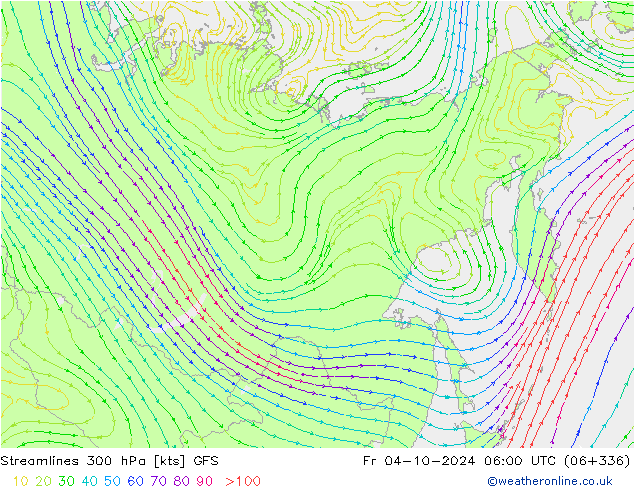 Streamlines 300 hPa GFS Pá 04.10.2024 06 UTC