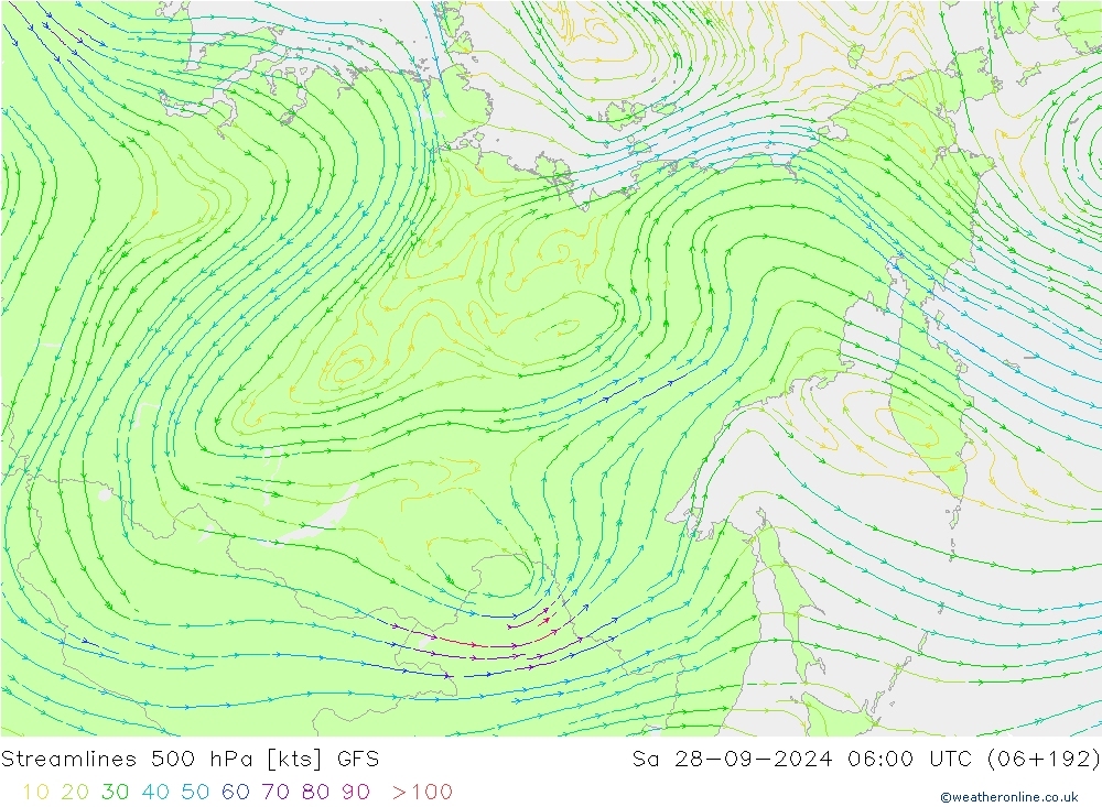 Streamlines 500 hPa GFS Sa 28.09.2024 06 UTC