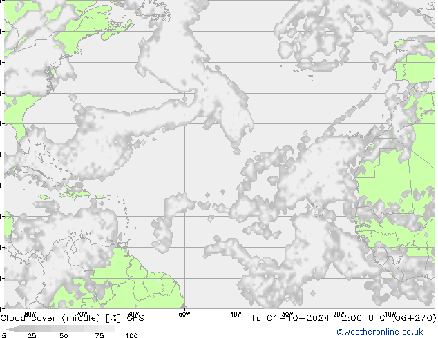 Cloud cover (middle) GFS Tu 01.10.2024 12 UTC