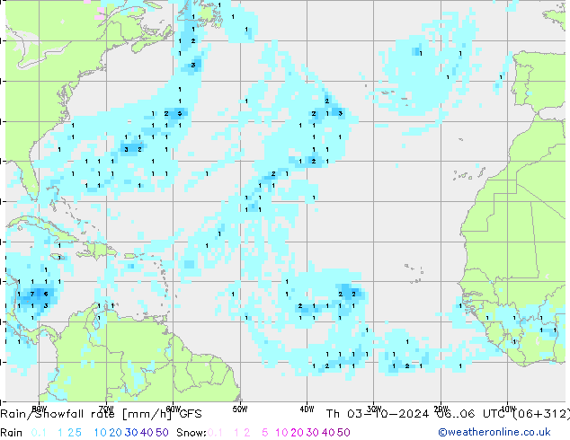 Rain/Snowfall rate GFS czw. 03.10.2024 06 UTC