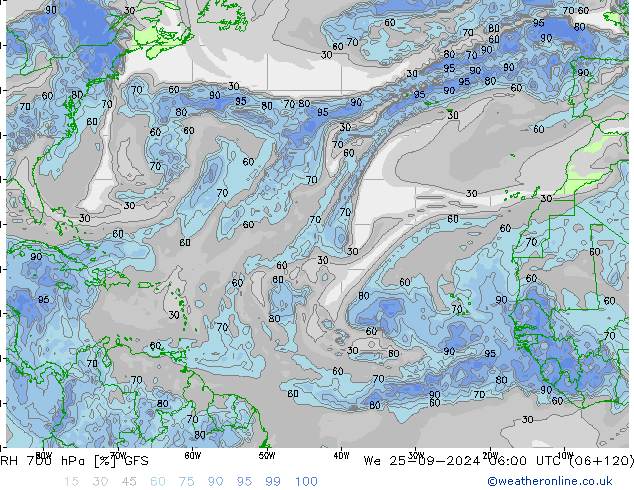 700 hPa Nispi Nem GFS Çar 25.09.2024 06 UTC