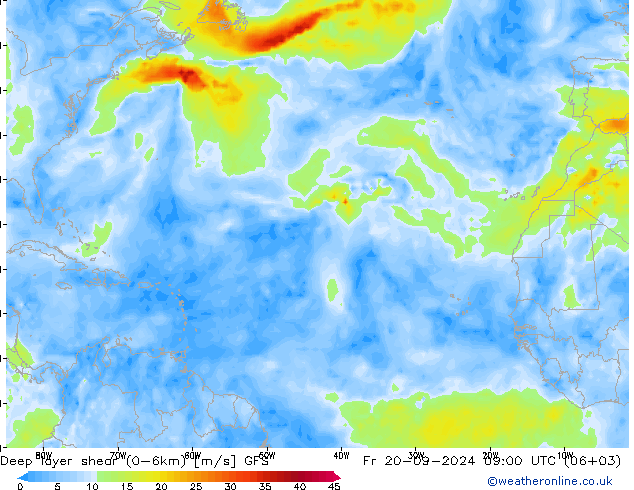 Deep layer shear (0-6km) GFS Cu 20.09.2024 09 UTC