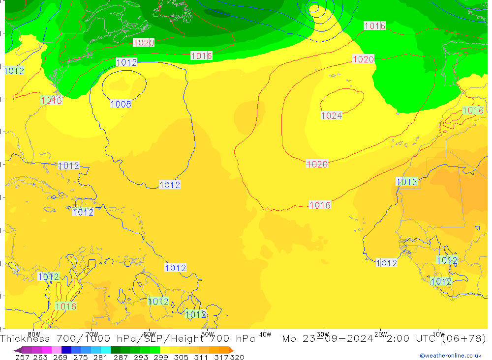 Thck 700-1000 hPa GFS lun 23.09.2024 12 UTC