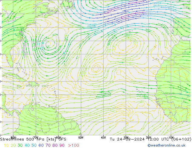 Streamlines 500 hPa GFS Tu 24.09.2024 12 UTC