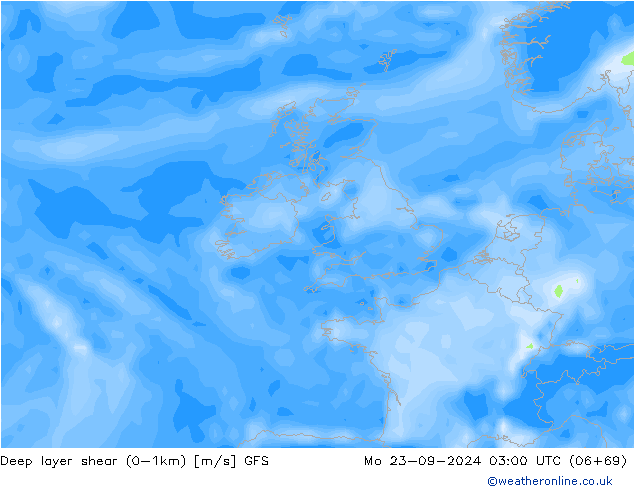 Deep layer shear (0-1km) GFS lun 23.09.2024 03 UTC