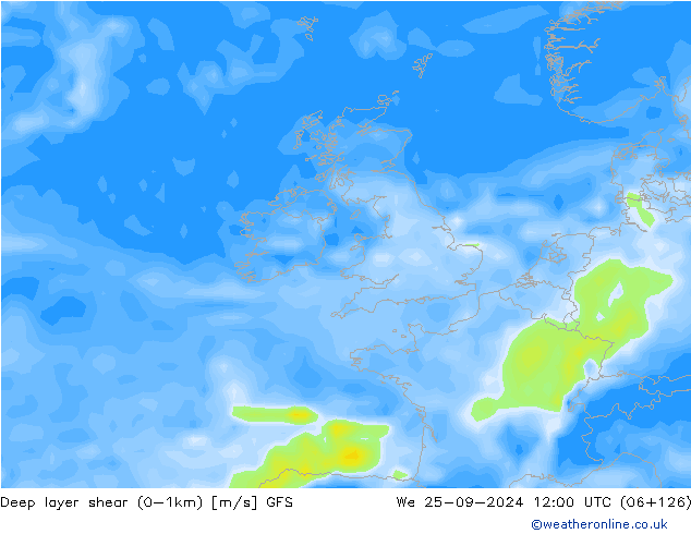 Deep layer shear (0-1km) GFS mer 25.09.2024 12 UTC