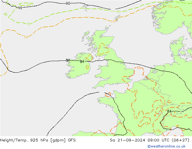 Géop./Temp. 925 hPa GFS sam 21.09.2024 09 UTC