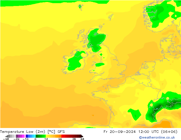 Nejnižší teplota (2m) GFS Pá 20.09.2024 12 UTC