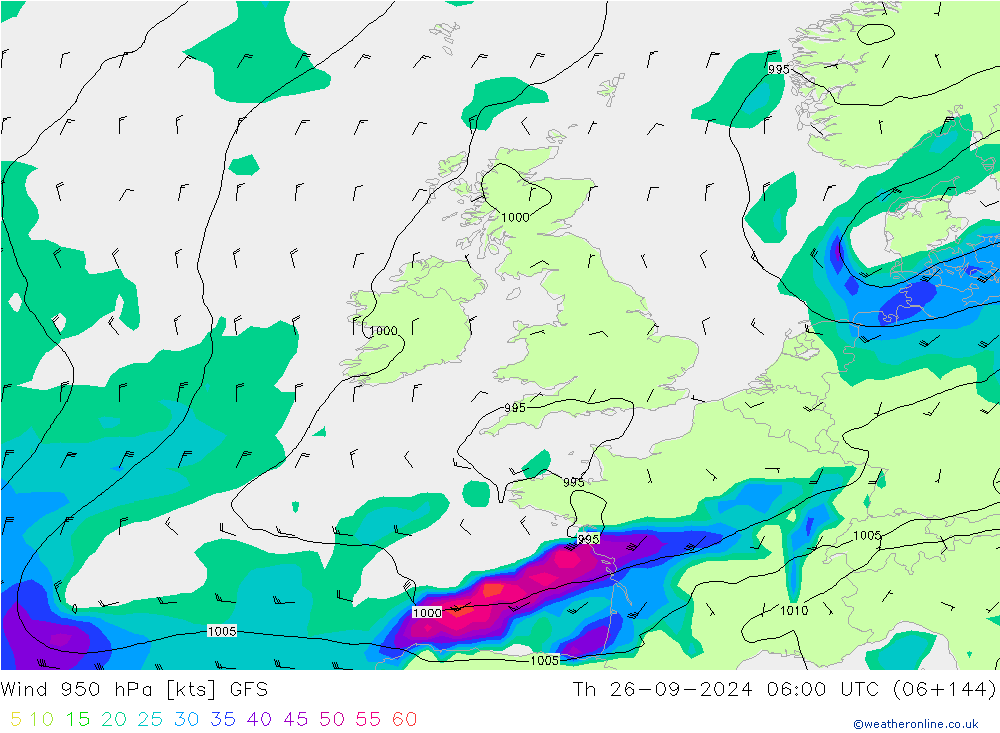 Wind 950 hPa GFS Čt 26.09.2024 06 UTC