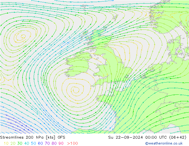 Streamlines 200 hPa GFS Su 22.09.2024 00 UTC