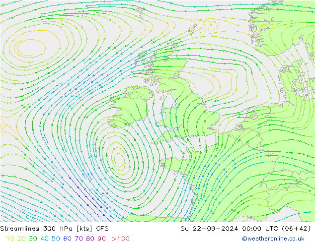 Streamlines 300 hPa GFS Su 22.09.2024 00 UTC