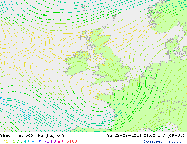 Streamlines 500 hPa GFS Su 22.09.2024 21 UTC