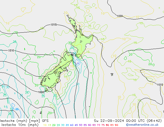 Isotachen (mph) GFS So 22.09.2024 00 UTC