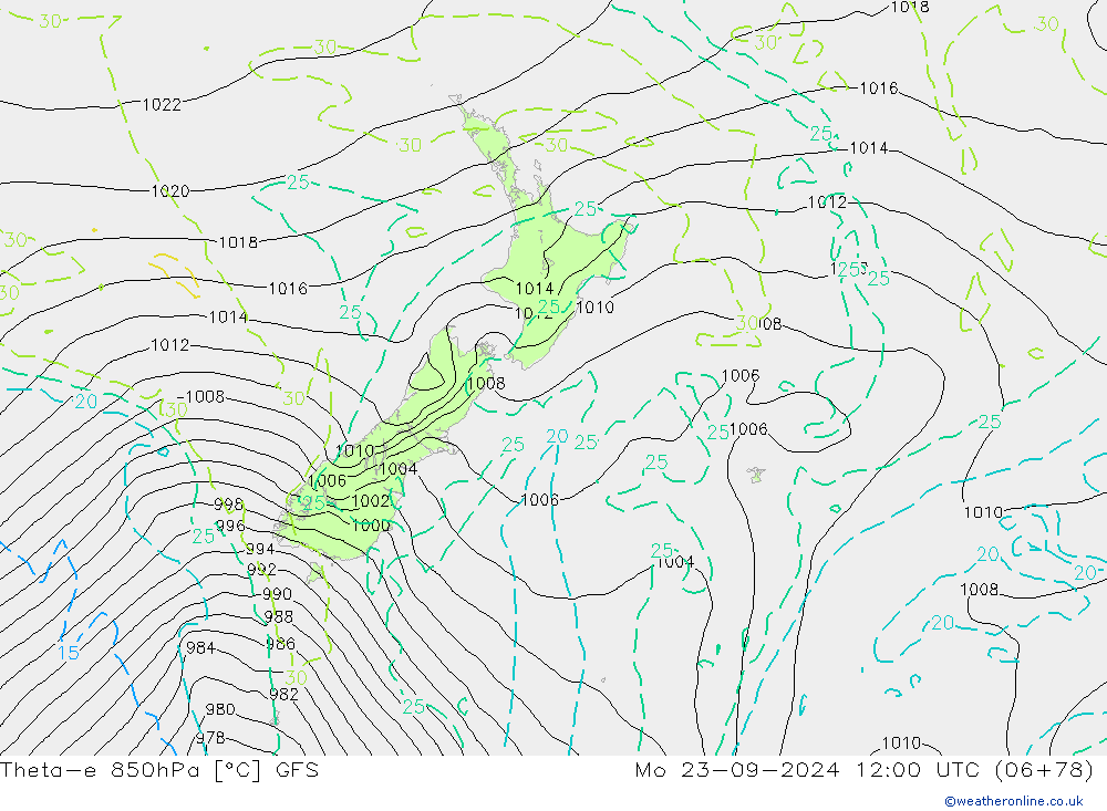 Theta-e 850hPa GFS ma 23.09.2024 12 UTC