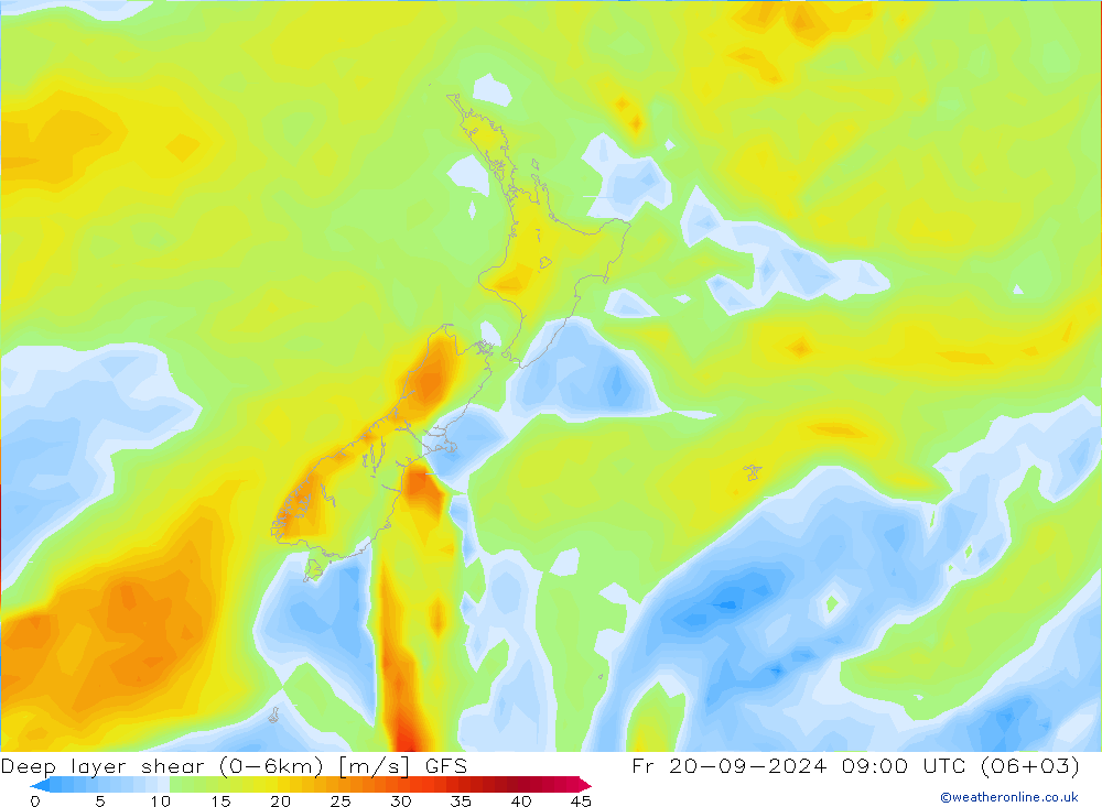 Deep layer shear (0-6km) GFS Fr 20.09.2024 09 UTC