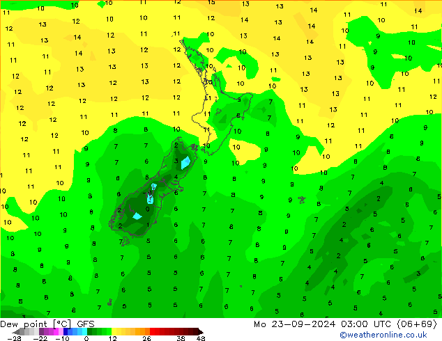 Punto di rugiada GFS lun 23.09.2024 03 UTC