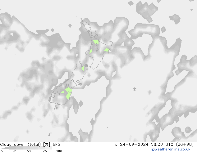 Cloud cover (total) GFS Tu 24.09.2024 06 UTC