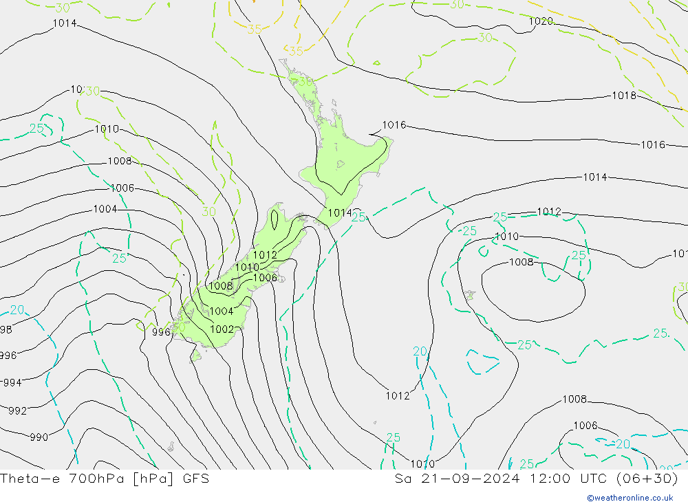 Theta-e 700hPa GFS sam 21.09.2024 12 UTC