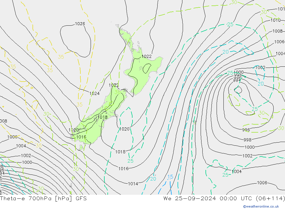 Theta-e 700hPa GFS śro. 25.09.2024 00 UTC