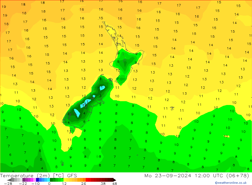 Temperatura (2m) GFS Seg 23.09.2024 12 UTC