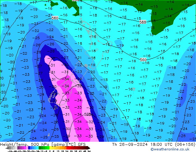 Z500/Rain (+SLP)/Z850 GFS чт 26.09.2024 18 UTC