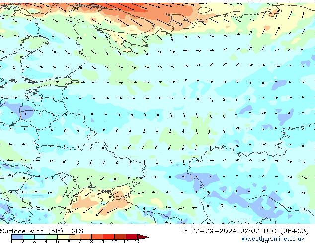 Surface wind (bft) GFS Fr 20.09.2024 09 UTC