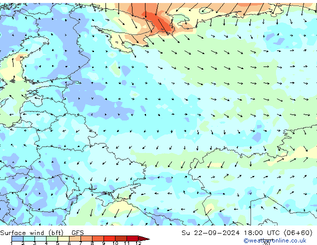 Rüzgar 10 m (bft) GFS Paz 22.09.2024 18 UTC