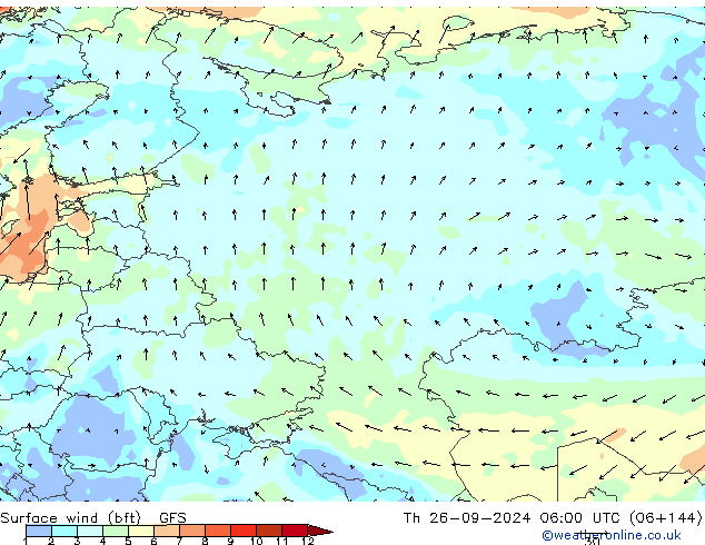 Surface wind (bft) GFS Th 26.09.2024 06 UTC