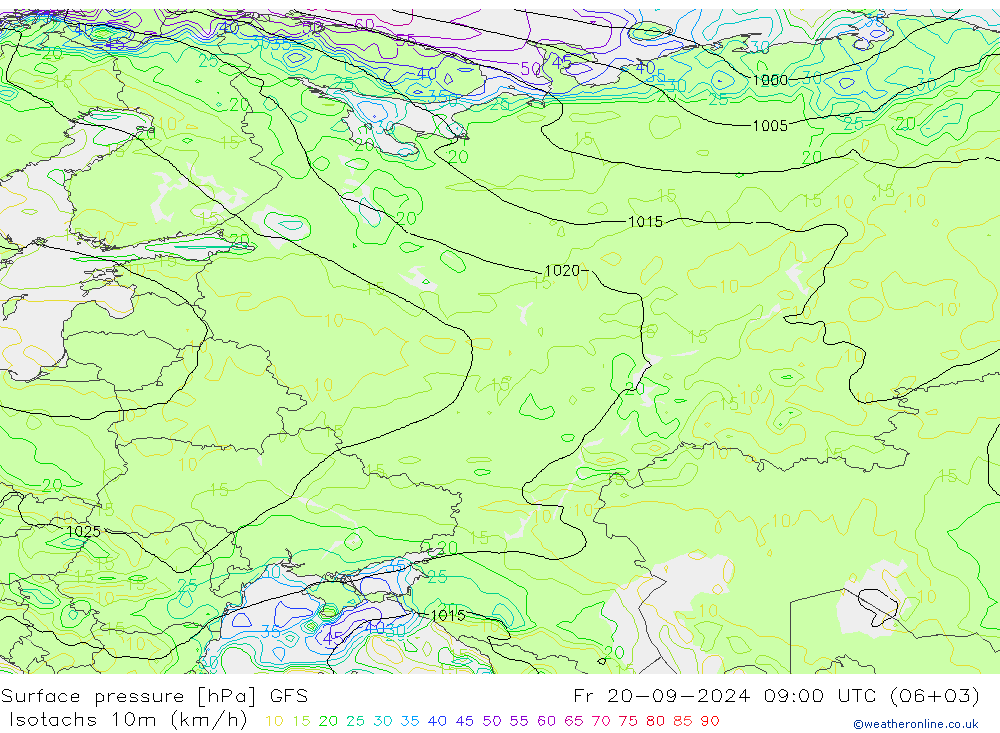 Izotacha (km/godz) GFS pt. 20.09.2024 09 UTC