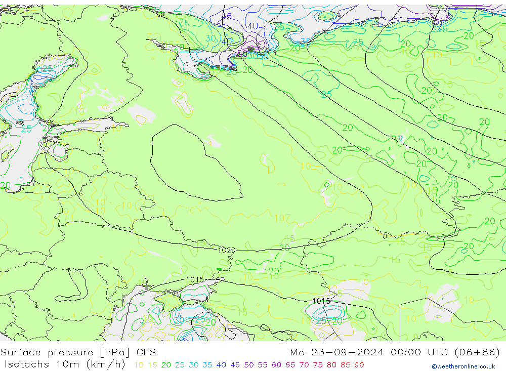 Isotachen (km/h) GFS Mo 23.09.2024 00 UTC