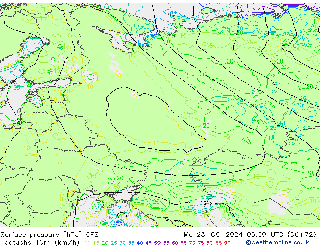 Isotachs (kph) GFS пн 23.09.2024 06 UTC