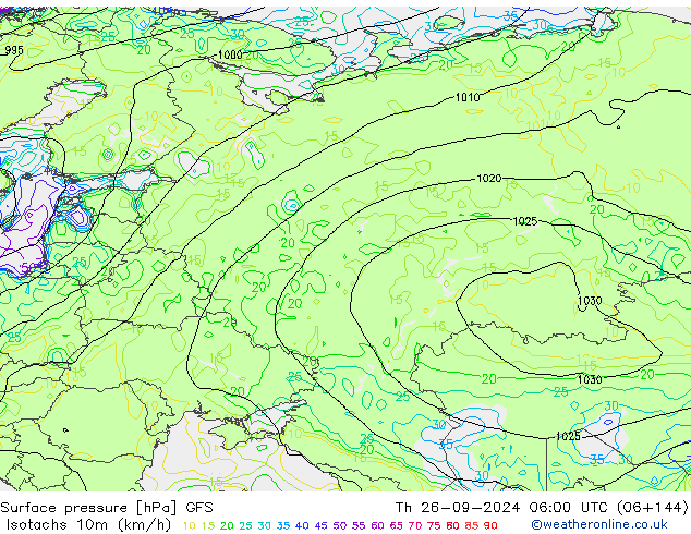 Isotachs (kph) GFS jeu 26.09.2024 06 UTC