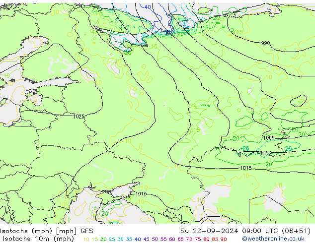 Isotachs (mph) GFS dim 22.09.2024 09 UTC