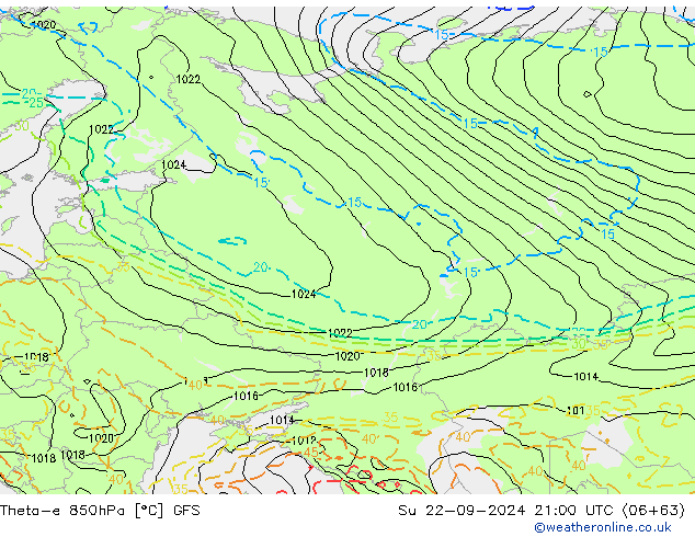 Theta-e 850hPa GFS dim 22.09.2024 21 UTC