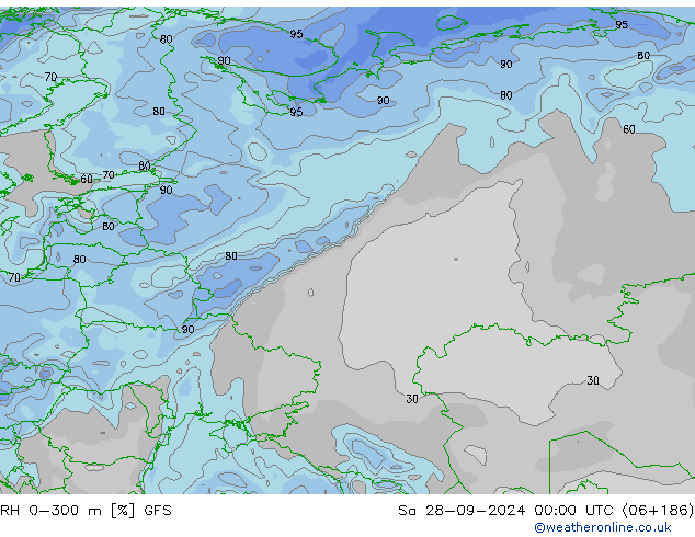 RH 0-300 m GFS sab 28.09.2024 00 UTC