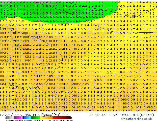 Height/Temp. 850 hPa GFS Fr 20.09.2024 12 UTC